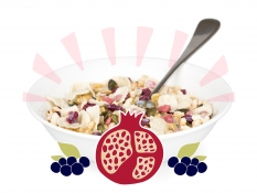 pomegranate and blackcurrant muesli - freeze dried pomegranate pieces, freeze dried blackcurrant pieces, multigrain honey granola, blackcurrant barley, crispy rice flakes and puffed brown rice pomegranate and blackcurrant muesli - freeze dried pomegranate pieces, freeze dried blackcurrant pieces, multigrain honey granola, blackcurrant barley, crispy rice flakes and puffed brown rice
