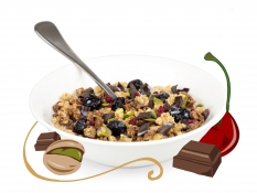 rocky road granola - oat and barley granola, pistachio pieces, freeze dried sour cherry pieces, dark chocolate curls, pumpkin seeds, chocolate granola and cherries rocky road granola - oat and barley granola, pistachio pieces, freeze dried sour cherry pieces, dark chocolate curls, pumpkin seeds, chocolate granola and cherries